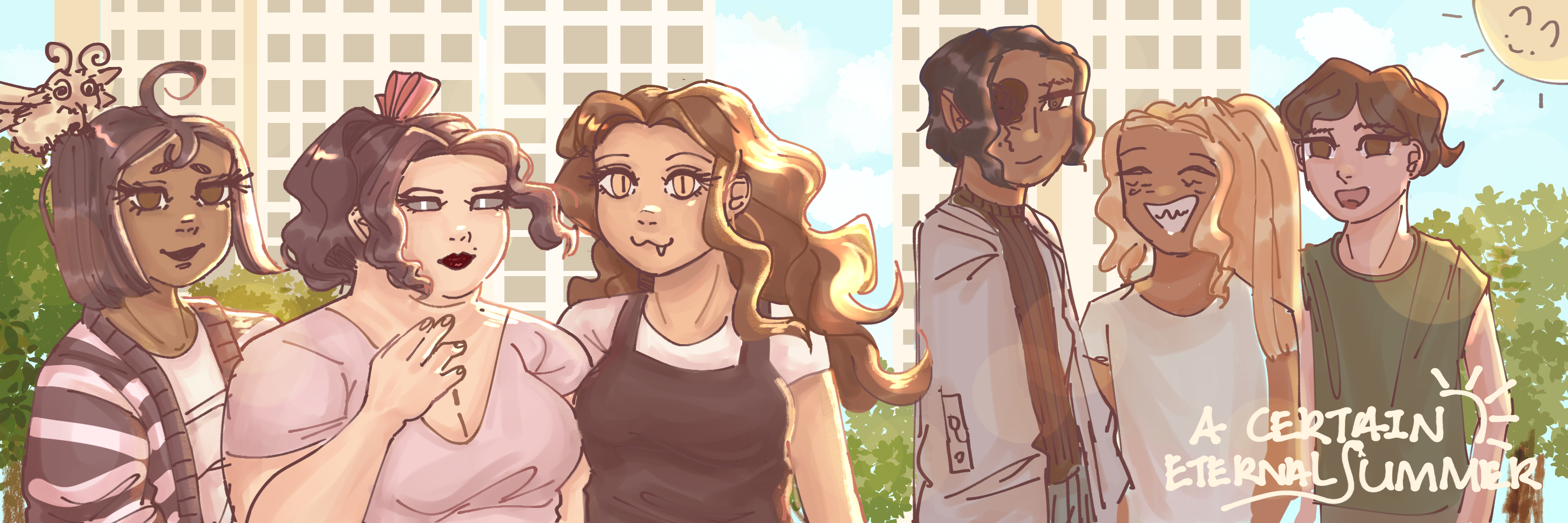 a landscape illustration of the main cast, with the sun iluminating their faces and a wind blowing through.